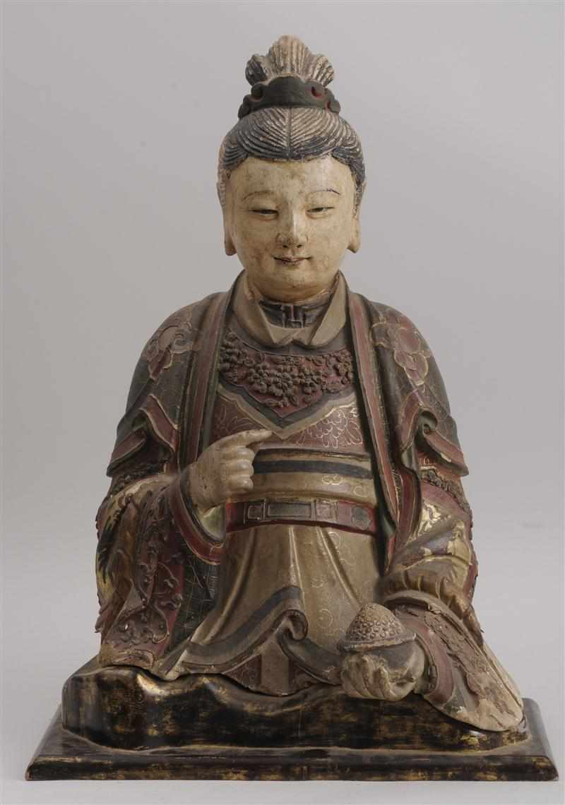 Appraisal: CHINESE TERRACOTTA HALF-LENGTH FIGURE OF BUDDHA Wearing robes and with