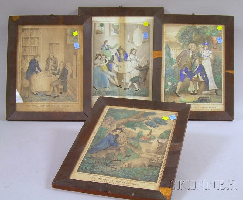 Appraisal: Set of Four Mahogany Veneer Framed Hand-colored Lithograph Prodigal Son