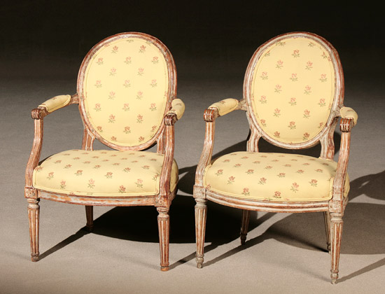 Appraisal: Pair of Louis XVI Style Bluish-Gray Painted Beechwood Fauteuils en