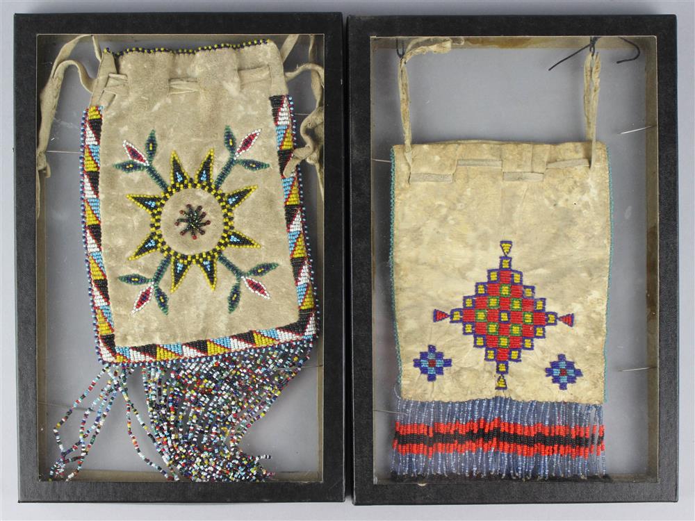 Appraisal: TWO NATIVE AMERICAN BEADED HIDE DRAWSTRING BAGS APACHE each with