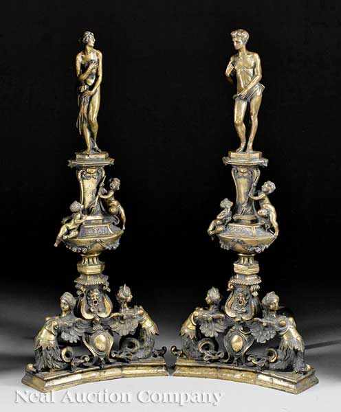 Appraisal: A Pair of Antique Bronze Figural Chenets each opposing Classical