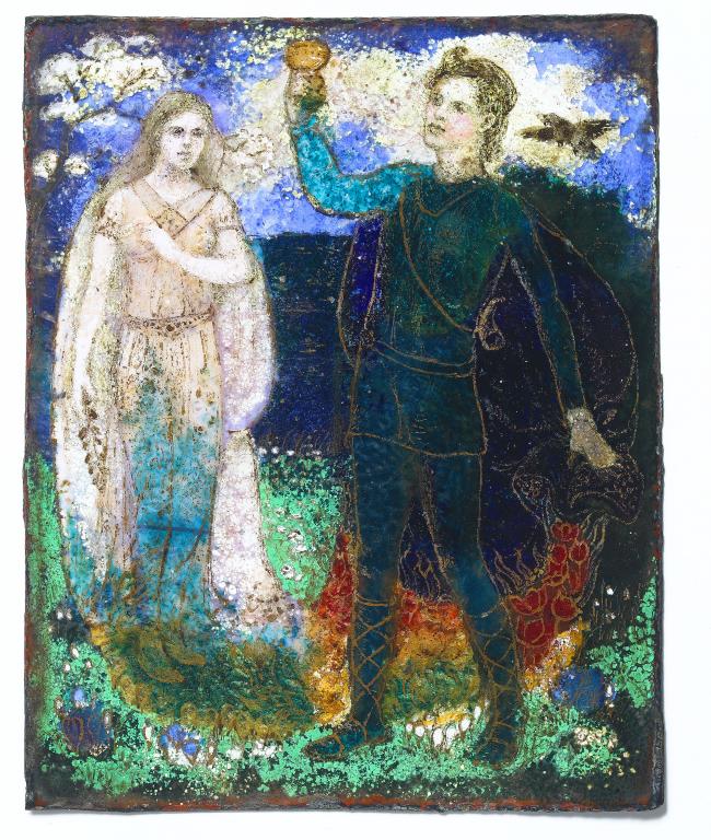 Appraisal: A PAINTED ENAMEL PLAQUE OF LOVERS BY MABEL P SEFTON