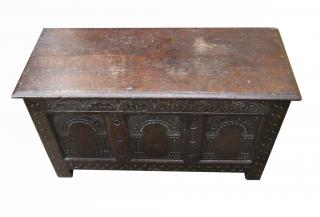 Appraisal: Antique Oak Jacobean Style Carved Trunk Antique Oak Jacobean Style