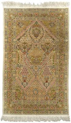 Appraisal: Silk rug very finely woven kpi large serrated-border central medallion