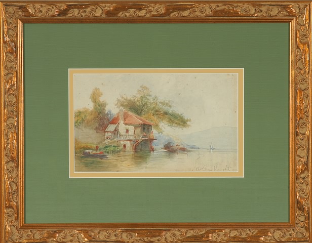 Appraisal: Waterway with house on bank watercolor x sight SLR Artist