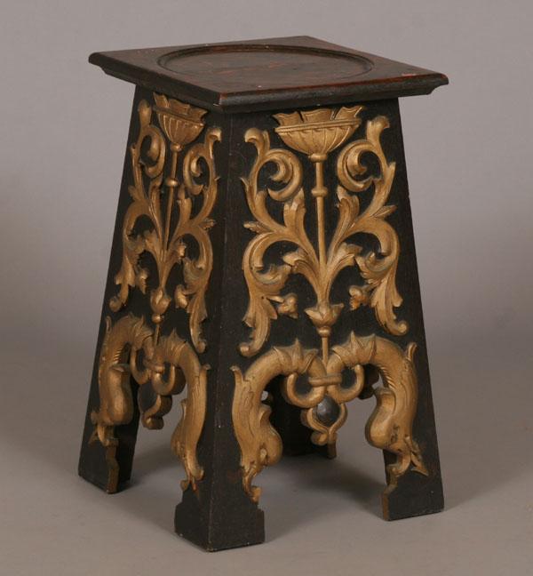 Appraisal: Oak pedestal with applied gilt dolphins and scrolling foliate designs