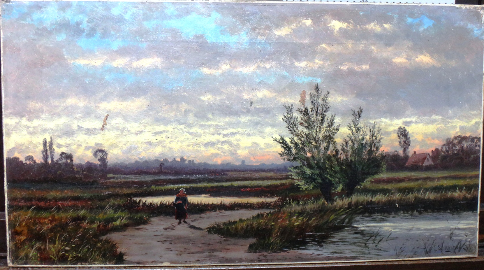 Appraisal: E Sangster Hooper th century River landscape at sunset oil