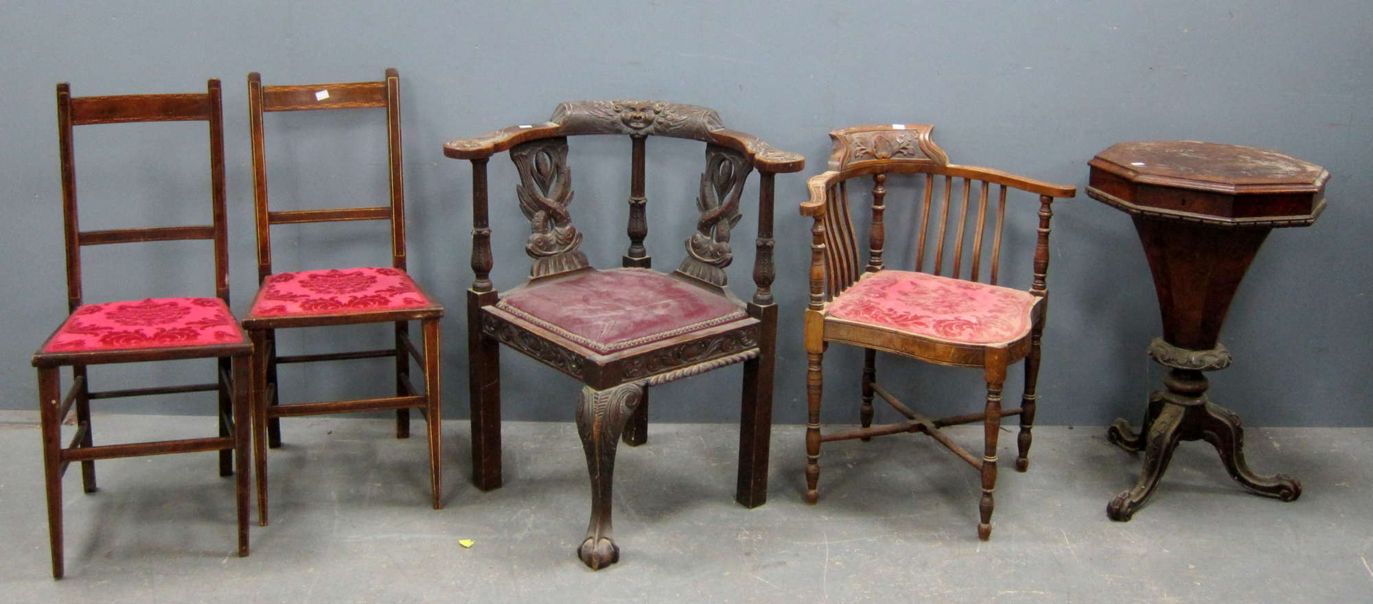 Appraisal: Victorian walnut work table two corner chairs and two bedroom