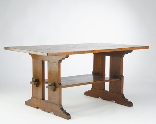 Appraisal: L J G STICKLEY Trestle table with shaped feet and