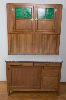 Appraisal: Hoosier Cabinet with Slag Glass Doors Hoosier two section country