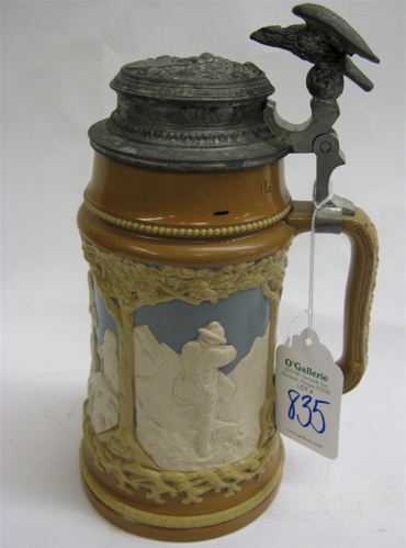 Appraisal: GERMAN METTLACH STEIN no one liter size hunters in relief