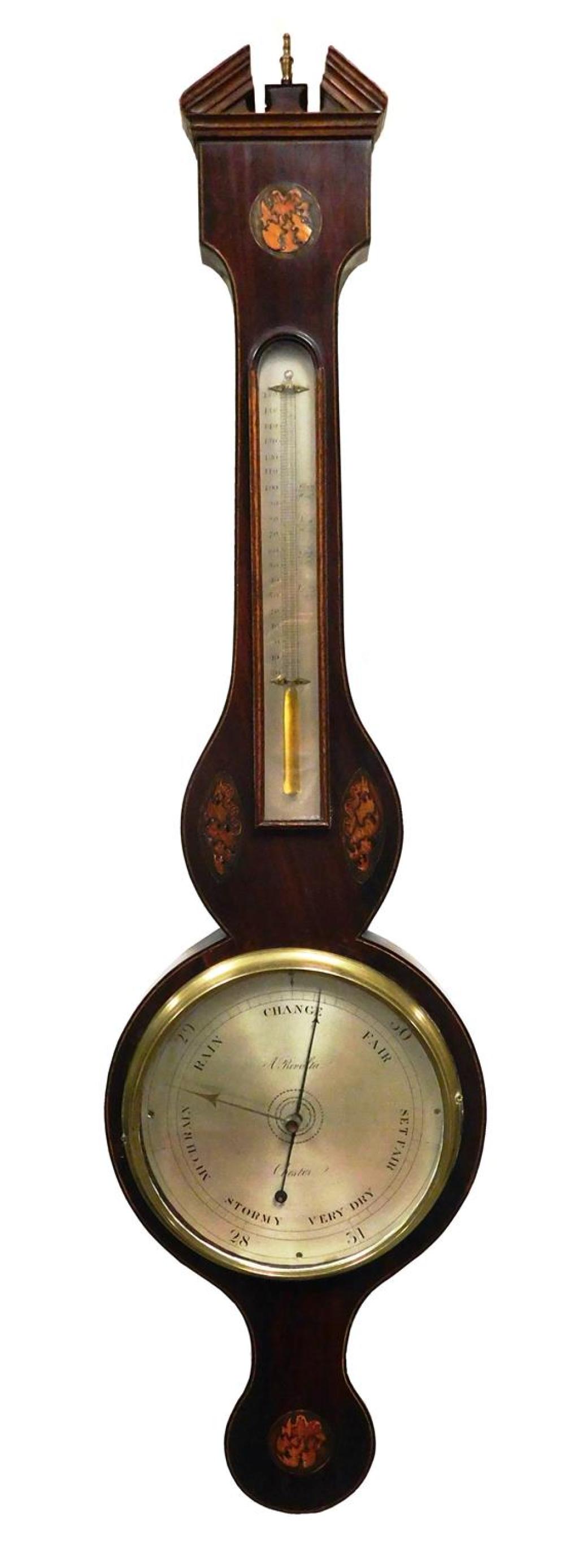 Appraisal: English Regency inlaid mahogany mercury wheel banjo barometer signed A