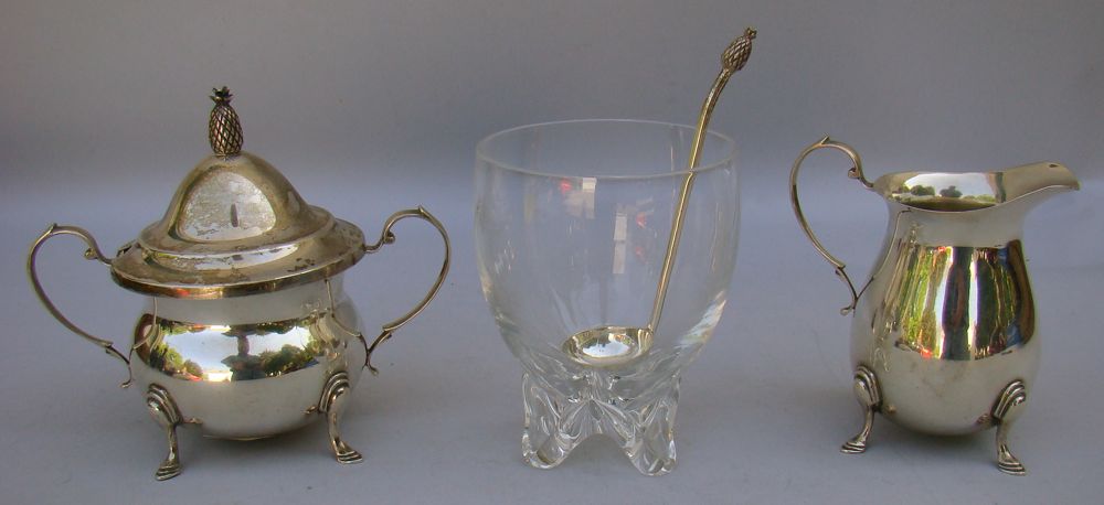 Appraisal: THREE PIECES OF STERLING SILVER AND GLASS HOLLOWWARE Blown glass