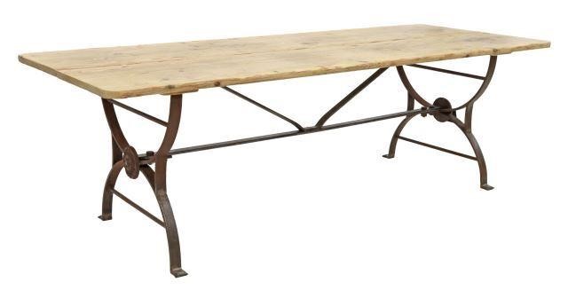 Appraisal: Large pine and wrought iron coffee table th c having