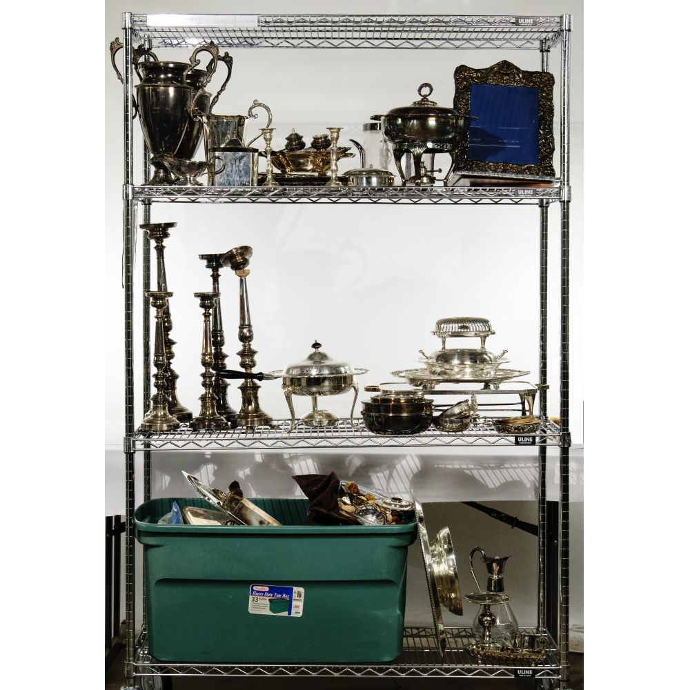 Appraisal: SILVERPLATE HOLLOWWARE ASSORTMENTOver items including urns pairs of candlesticks platters