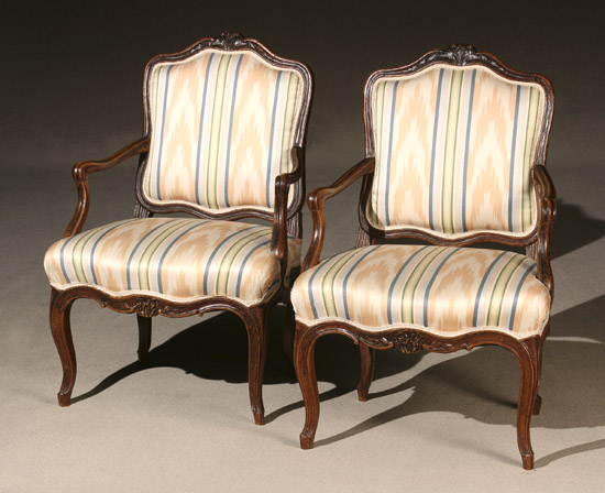 Appraisal: Pair of Louis XV Style Walnut Fauteuils la Reine Last