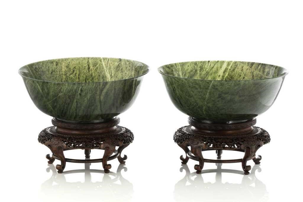 Appraisal: PAIR OF CHINESE SPINACH JADE BOWLS WITH STANDChinese a pair