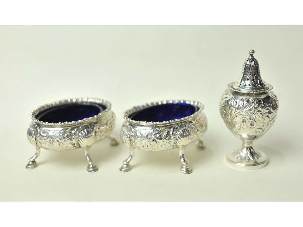 Appraisal: Lot comprising pair of silver salts London and a pepper