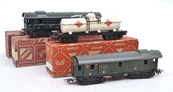 Appraisal: TWO M RKLIN HO WAGONS AND MOTANOL TANK WAGON IN