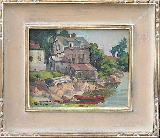 Appraisal: Seaside village oil on board x SLR J Newman complemented