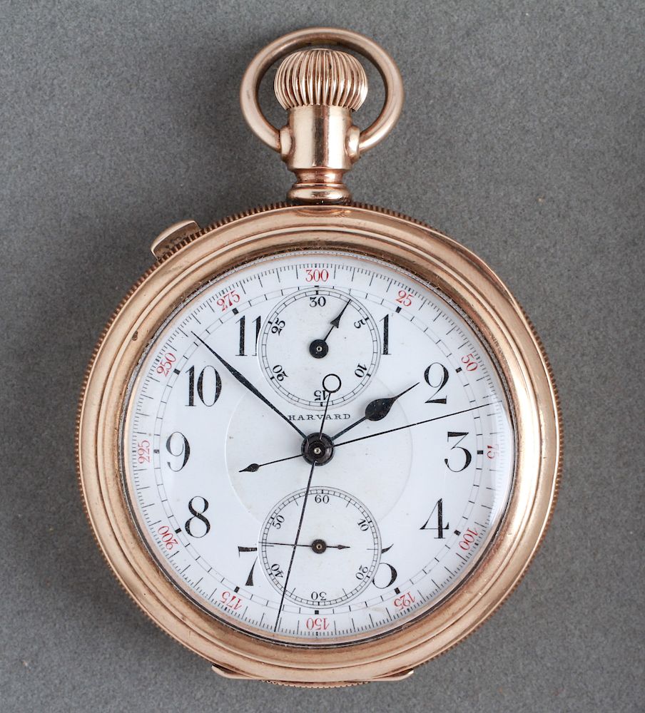 Appraisal: GF Split-Second Harvard Chronograph Pocket Watch Gold-filled Harvard split-second chronograph