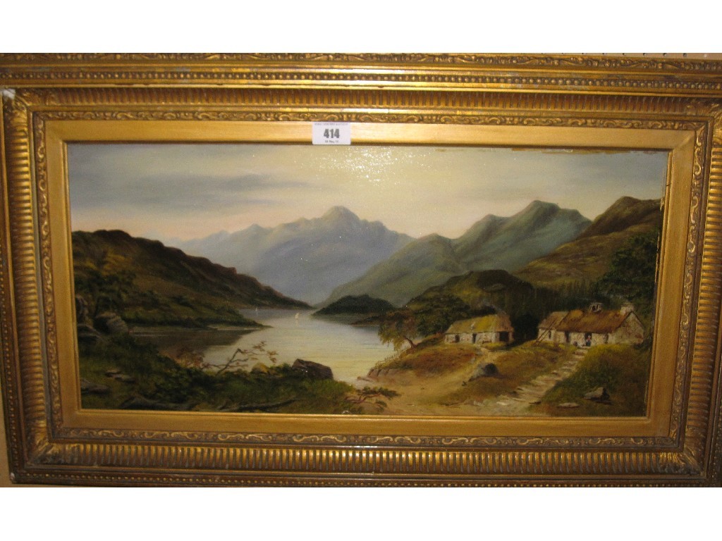 Appraisal: Oil on board Highland loch scene with houses