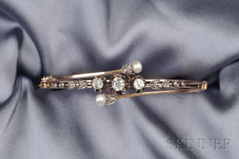 Appraisal: Antique Pearl and Diamond Bracelet the hinged bangle prong-set with