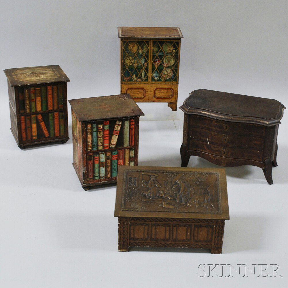 Appraisal: Five Furniture-form Biscuit Tins three Huntley Palmers a pair of