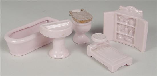 Appraisal: Bathroom Doll House Furnishings Circa Five piece pink porcelain bath