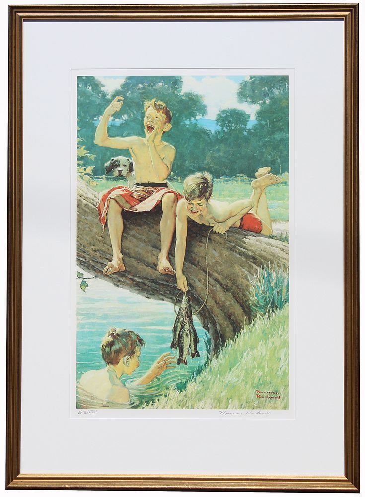 Appraisal: Norman Rockwell - Three Boys Fishing Norman Rockwell - Three