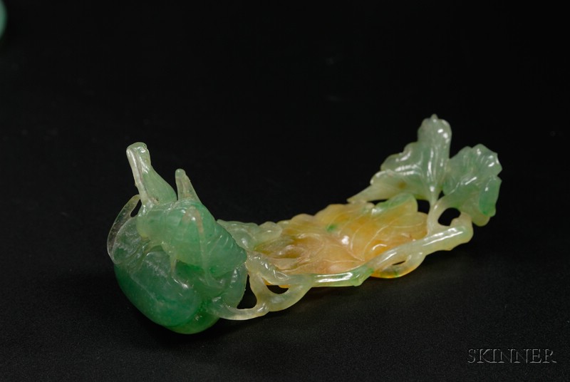 Appraisal: Jade Brush Rest highly translucent brilliant green stone with amber