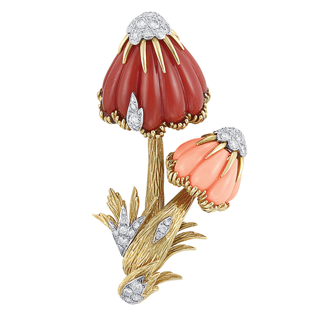 Appraisal: Gold Coral and Diamond Flower Clip-Brooch Yellow white gold fluted