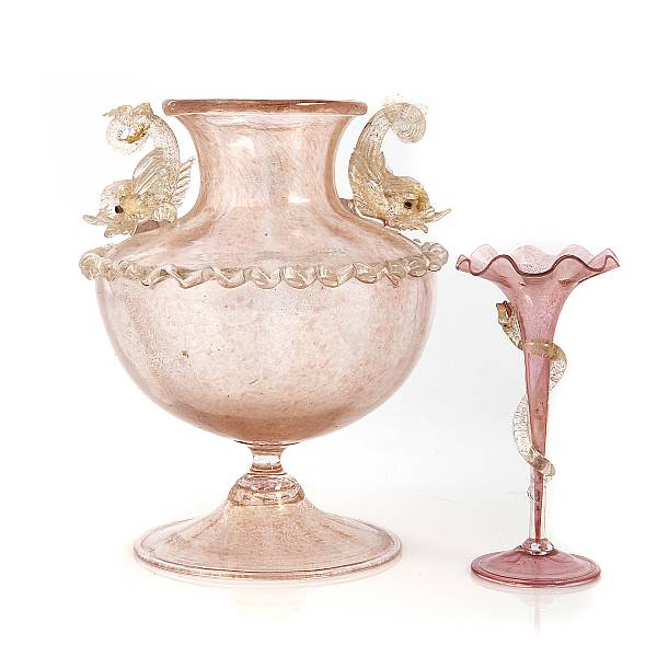 Appraisal: A Venetian pink and clear glass handled vase with applied