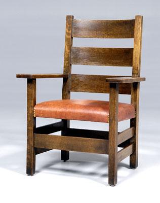 Appraisal: Stickley Arts and Crafts armchair oak throughout with leather upholstered