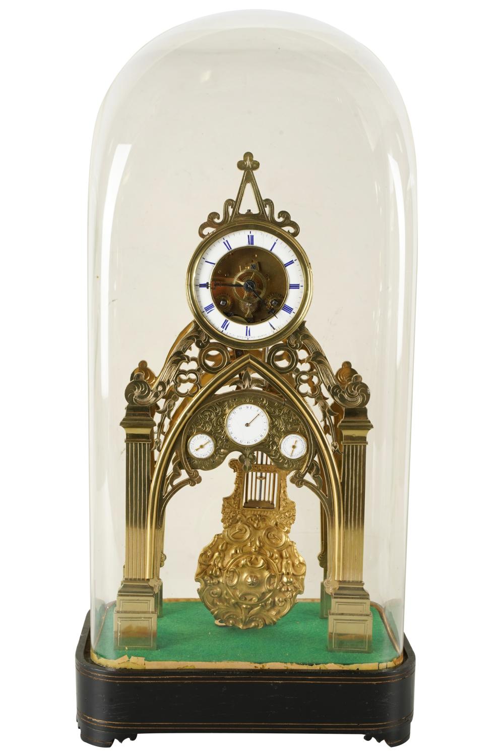 Appraisal: FRENCH GOTHIC STYLE BRASS SKELETON CLOCKsigned to dial F L