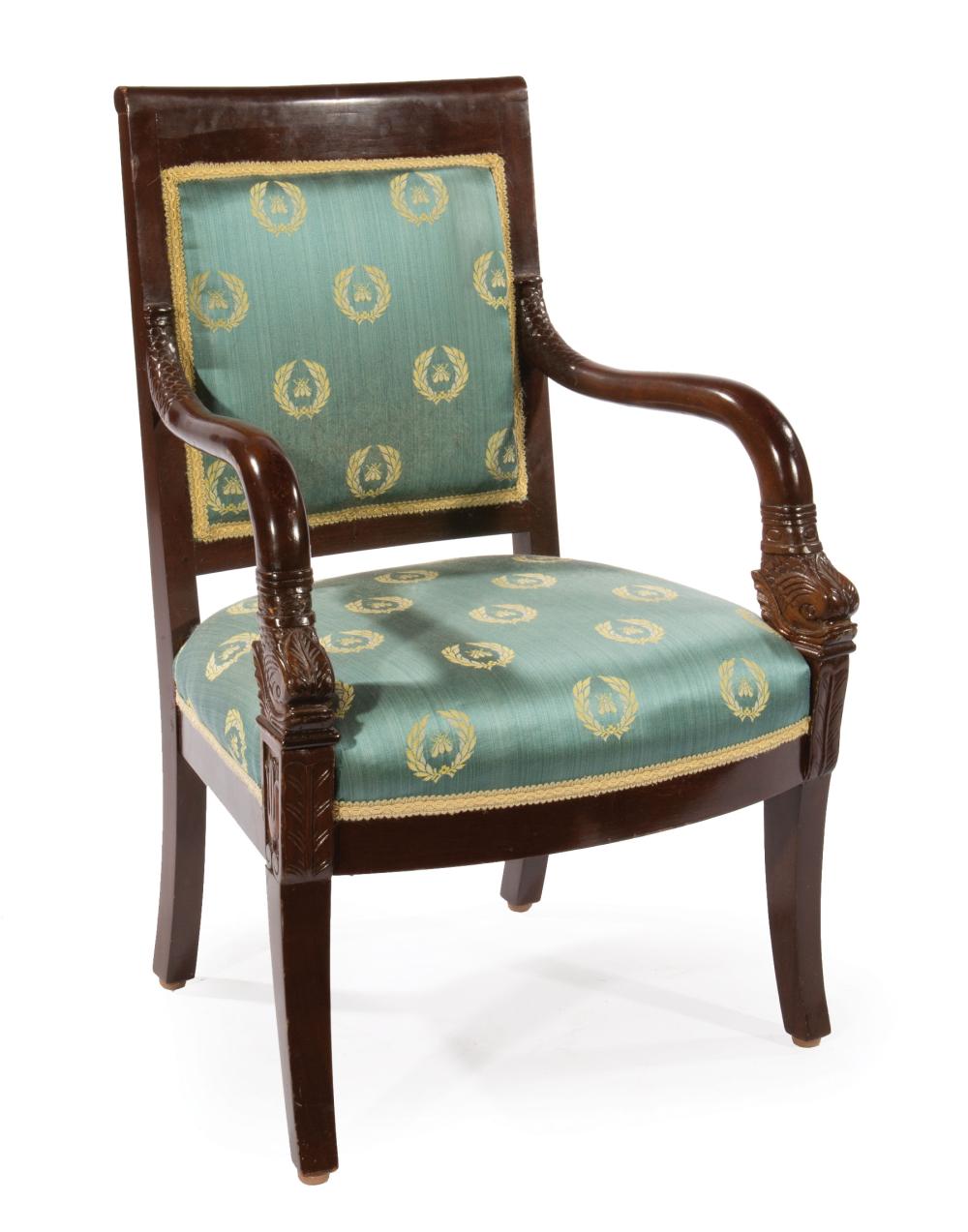 Appraisal: Charles X-Style Child's Mahogany Fauteuil scrolled crest rail dolphin arm