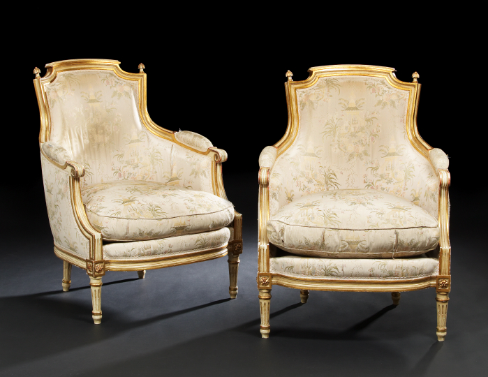 Appraisal: Pair of Louis XVI-Style Giltwood and Polychromed Bergeres late th