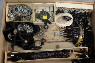 Appraisal: Box lot including hat pins hair combs glasses beaded tassel