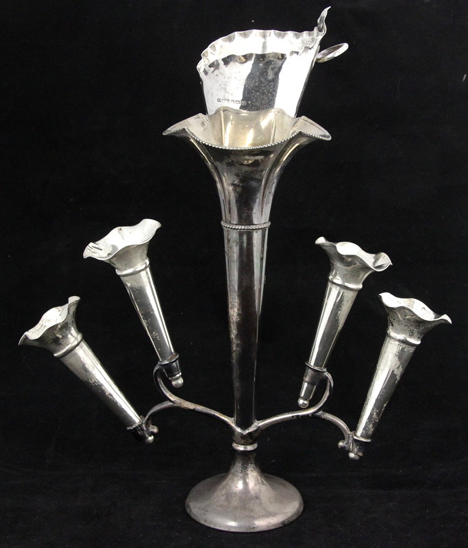 Appraisal: A silver epergne Birmingham the central vase with four subsidiary