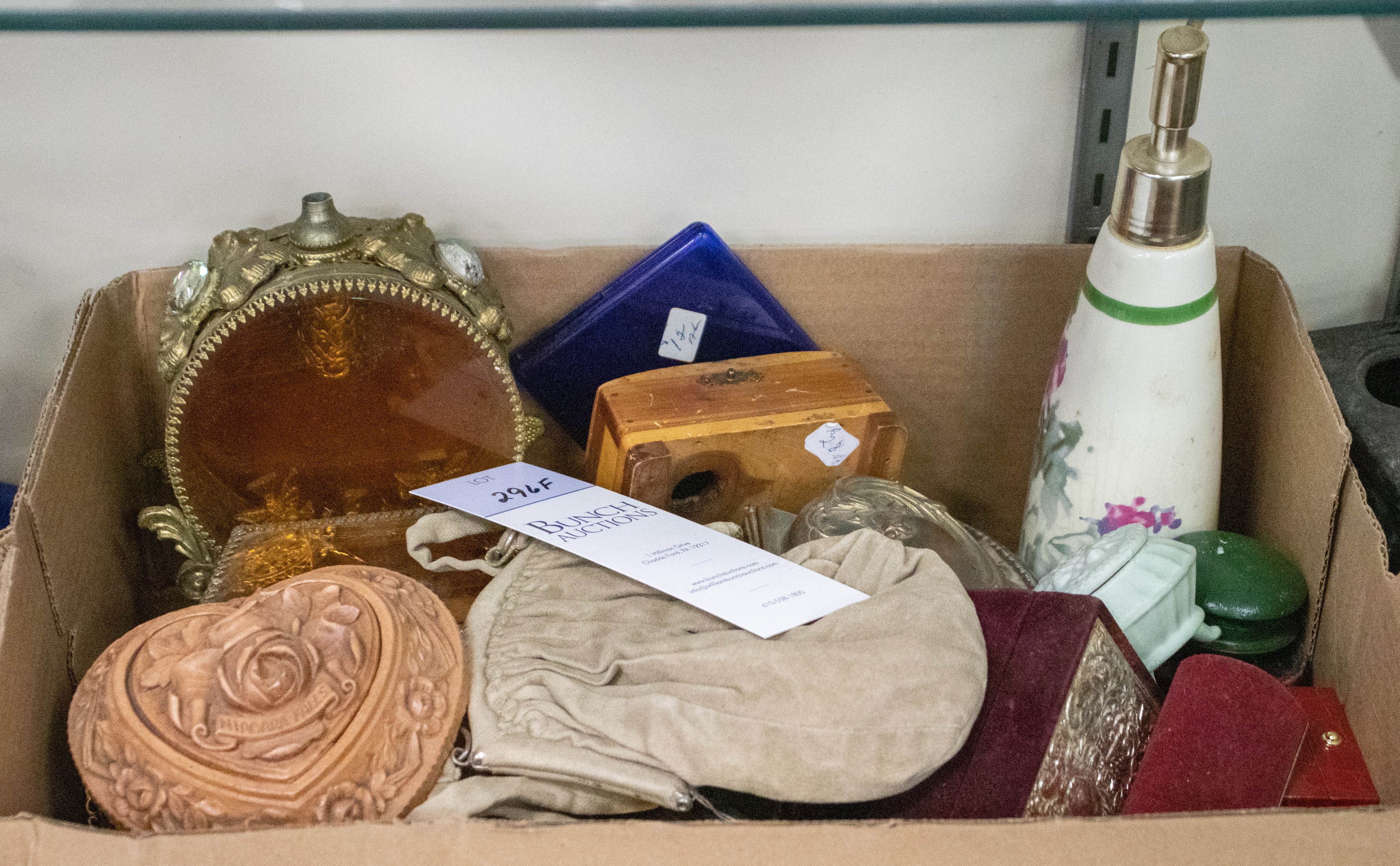 Appraisal: Dresser items including brass amber scent bottle footed box cracks