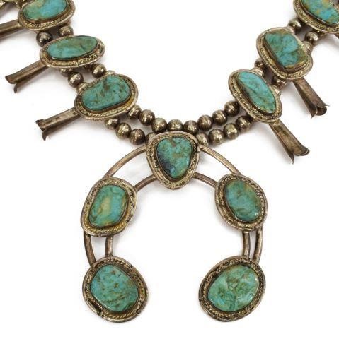 Appraisal: Native American silver content unknown squash blossom necklace ten turquoise-set