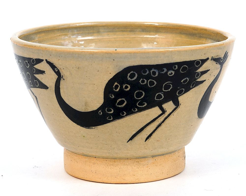 Appraisal: Small K K Sadowski Pottery Peacock Bowl Krystyna Konrad Sadowski