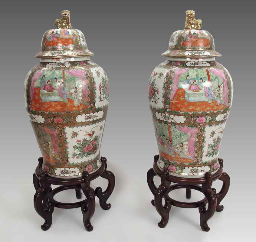 Appraisal: PAIR CHINESE ROSE MEDALLION COVERED VASES URNS The cover surmounted