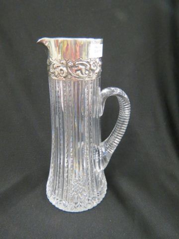 Appraisal: Cut Glass Sterling Silver Tall Pitcher zipper ray cut ornate