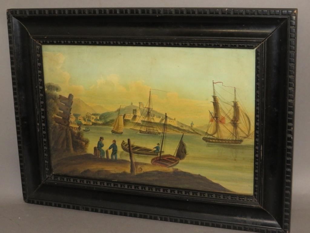 Appraisal: SEASIDE WATERCOLOR PAINTINGca with ships and boats and castle or