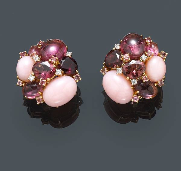 Appraisal: A pair of pink tourmaline pink opal and diamond cluster