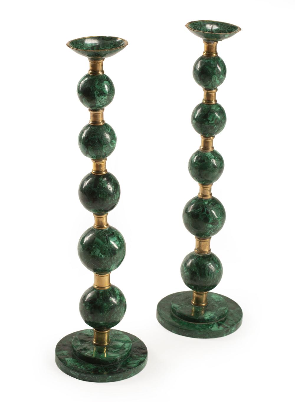 Appraisal: Pair of Large Art Moderne Bronze-Mounted Malachite Candlesticks h in