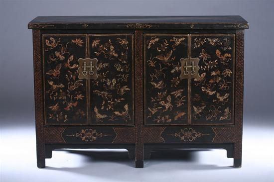 Appraisal: SMALL CHINESE BLACK AND GILT LACQUERED ELM WOOD SIDEBOARD Qing