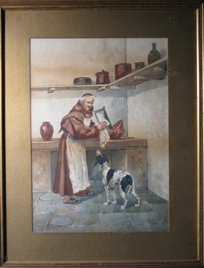 Appraisal: LEROY th century FRIAR IN KITCHEN Signed watercolor Sight x