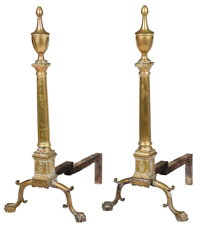 Appraisal: Fine Large Pair Engraved Brass Federal Andirons New York -